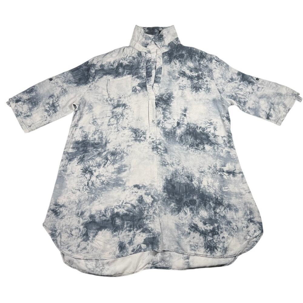 Ekouaer Blue White Tie Dye Button Down Top women's Size Large